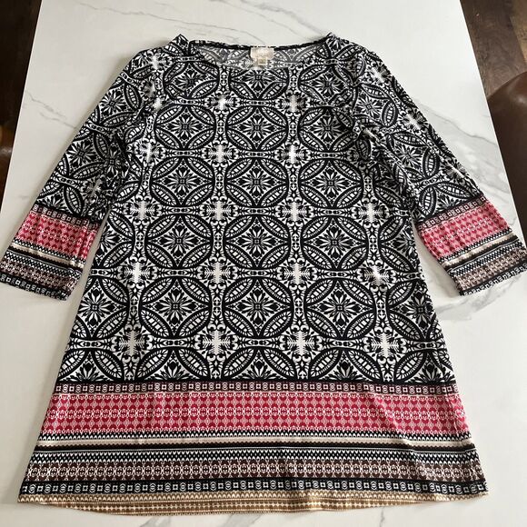 Misia Dress Tunic Size Large Black White Geo All Over Print 3/4 Sleeve Stretch - Picture 1 of 9
